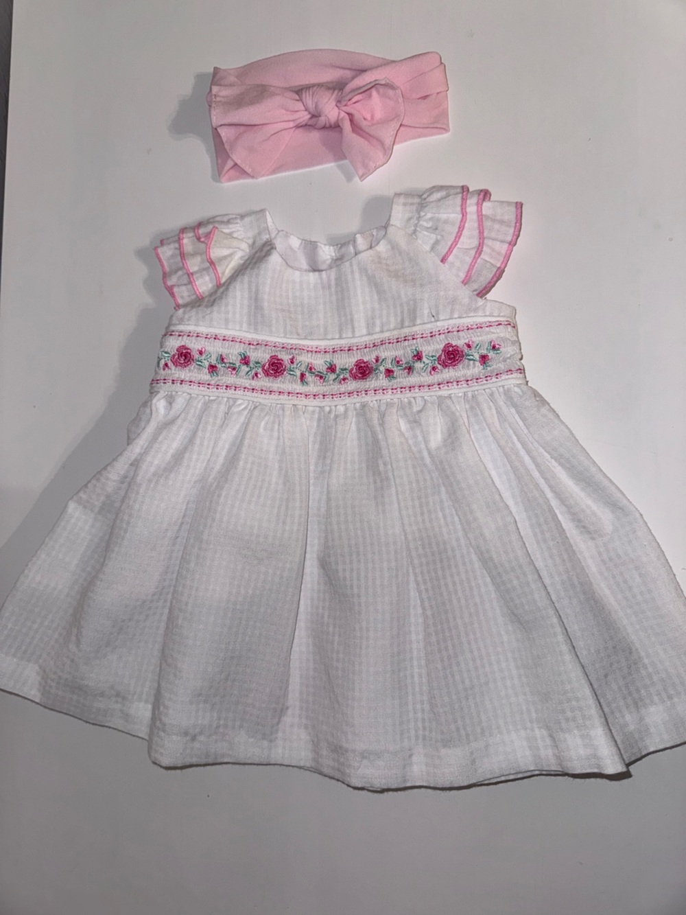 Bonnie Baby White Dress with Pink Floral Smocking and Pink Bow Headband